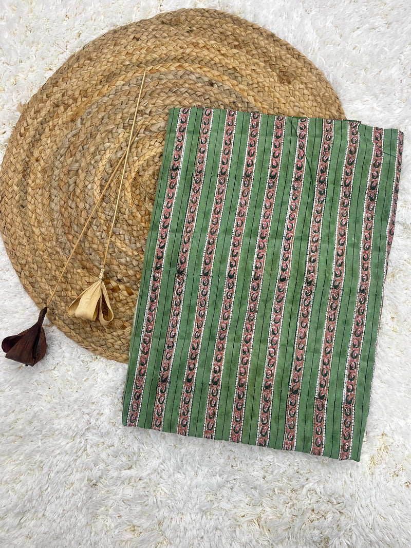 Hemp green handblock printed cotton border fabric(WIDTH 42 INCHES)