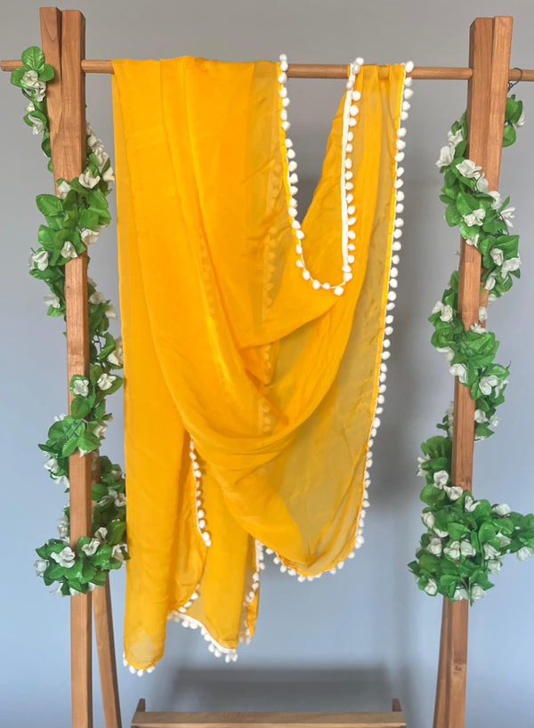 Monalisa yellow dupatta with pom pom lace detailing