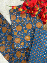 Mehrunisa Mustard Indigo Handblock Unstitched Suit Set with chanderi duppata.