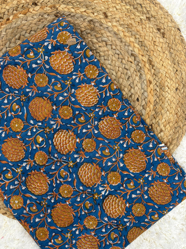 Mehrunisa Mustard indigo jaal printed handblock cotton fabric(WIDTH 42 INCHES)