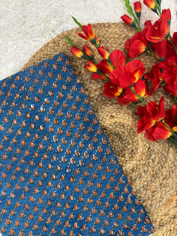 Mehrunisa Mustard indigo buti printed handblock cotton fabric(WIDTH 42 INCHES)