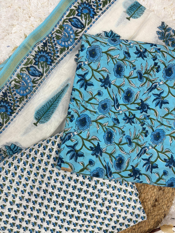 Aaravya Blue Bloom Handblock Unstitched Suit Set with chanderi duppata.