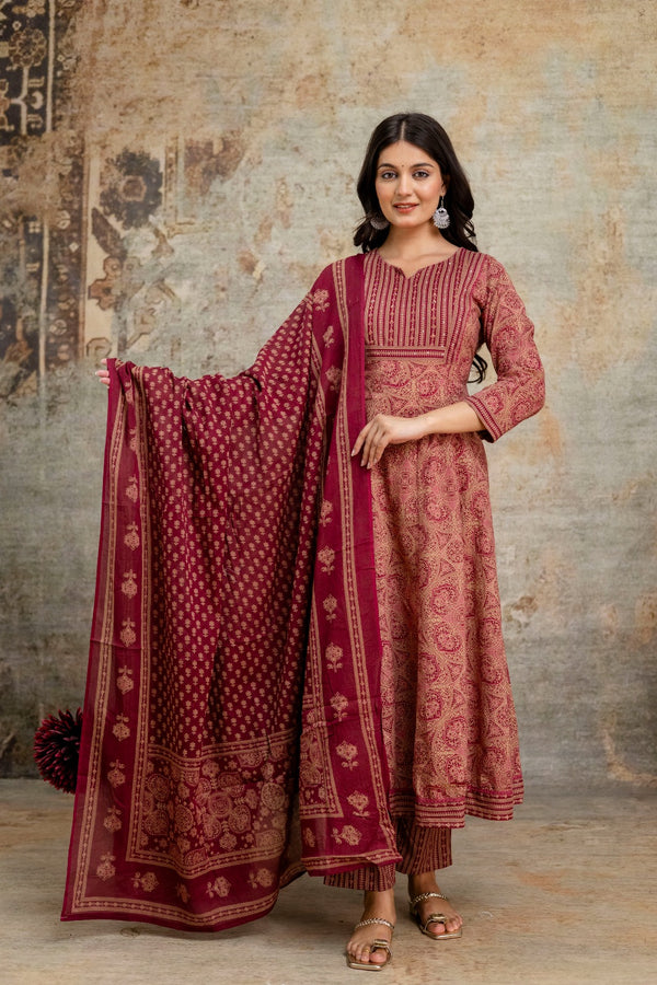 Mehrun Kalamkari Maroon Anarkali Suit Set