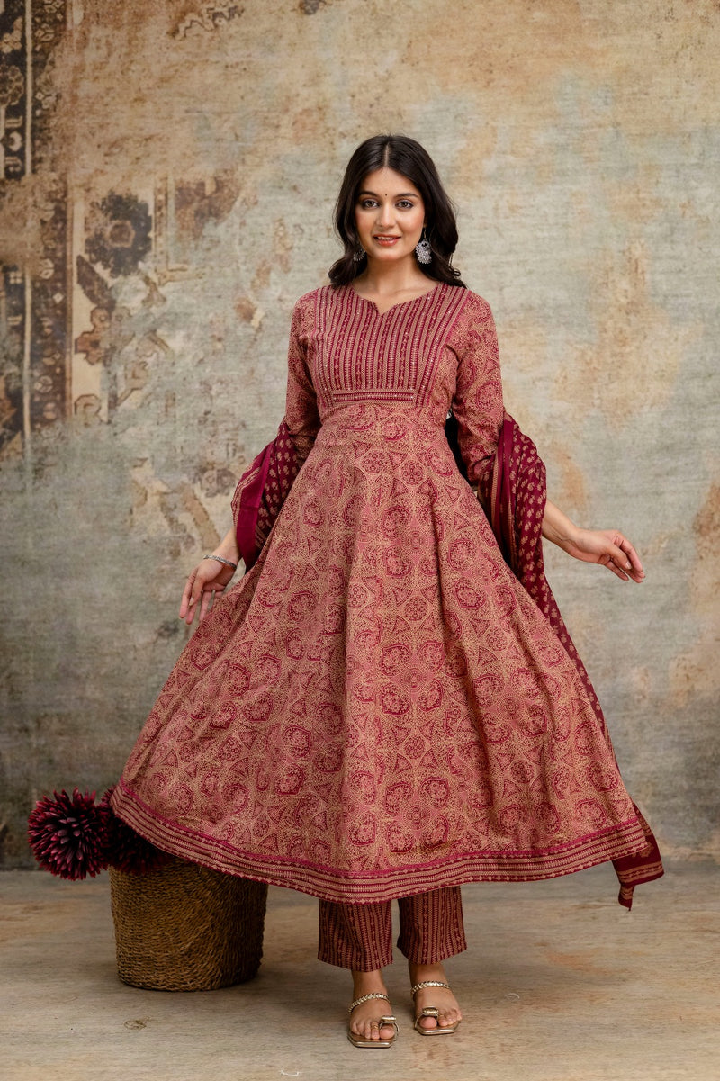 Mehrun Kalamkari Maroon Anarkali Suit Set