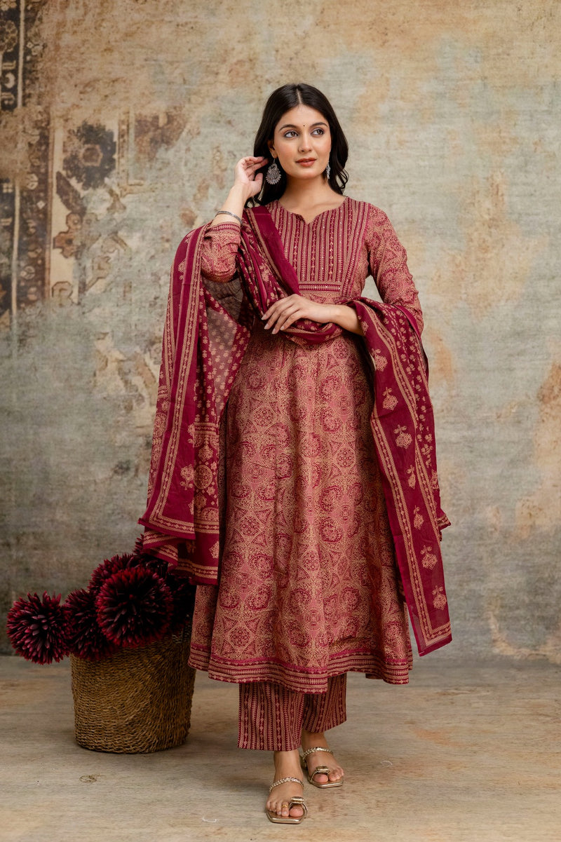Mehrun Kalamkari Maroon Anarkali Suit Set