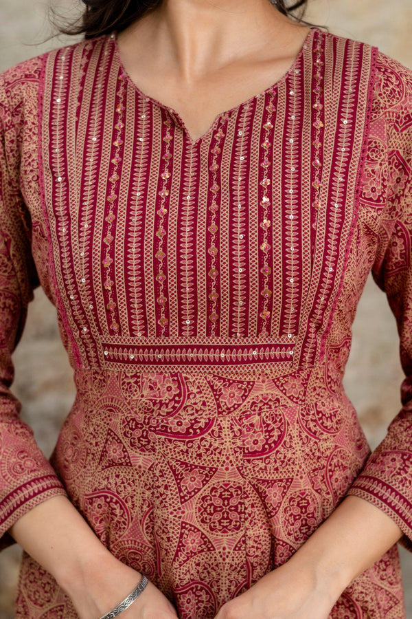 Mehrun Kalamkari Maroon Anarkali Suit Set