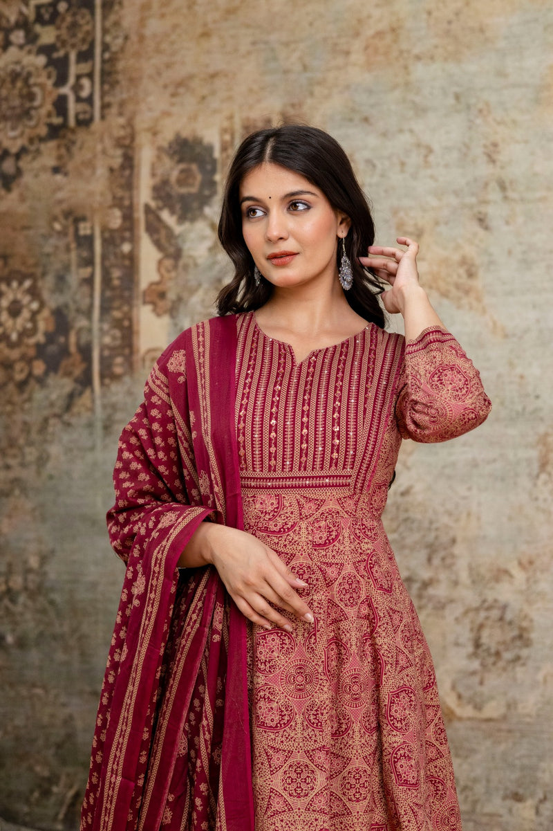 Mehrun Kalamkari Maroon Anarkali Suit Set