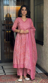 Gulrooh Rose Pink Anarkali Cotton Suit Set