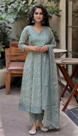 Mehrrooh Sage Green Anarkali Cotton Suit Set