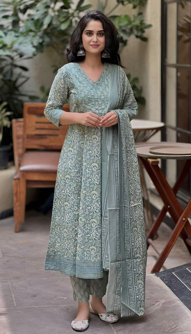 Mehrrooh Sage Green Anarkali Cotton Suit Set