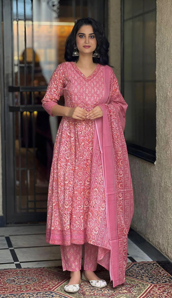 Gulrooh Rose Pink Anarkali Cotton Suit Set