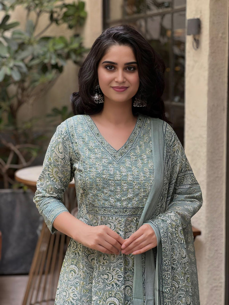 Mehrrooh Sage Green Anarkali Cotton Suit Set
