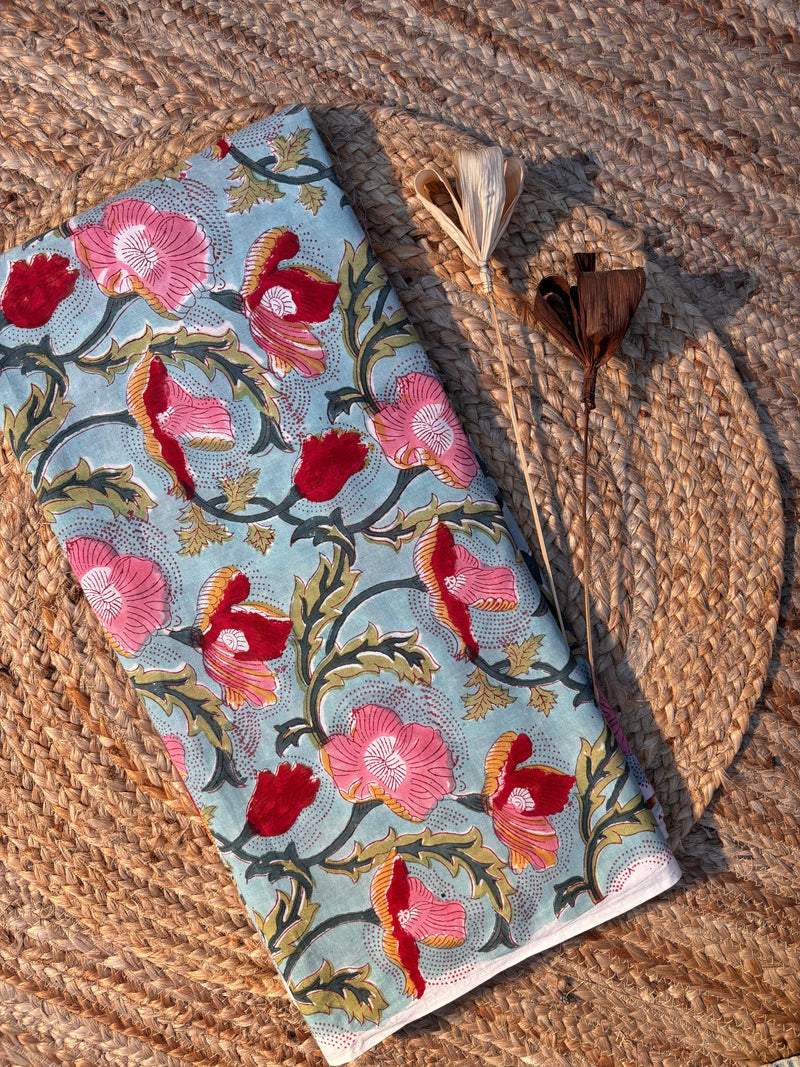 Meherbaani in Mint Bloom Handblock jaal fabric (width 42 inches )