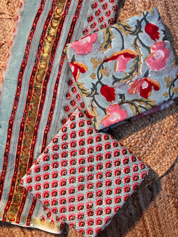 Meherbaani in Mint Bloom Handblock Unstitched Suit Set fabric