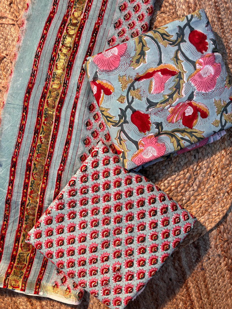 Meherbaani in Mint Bloom Handblock Unstitched Suit Set fabric