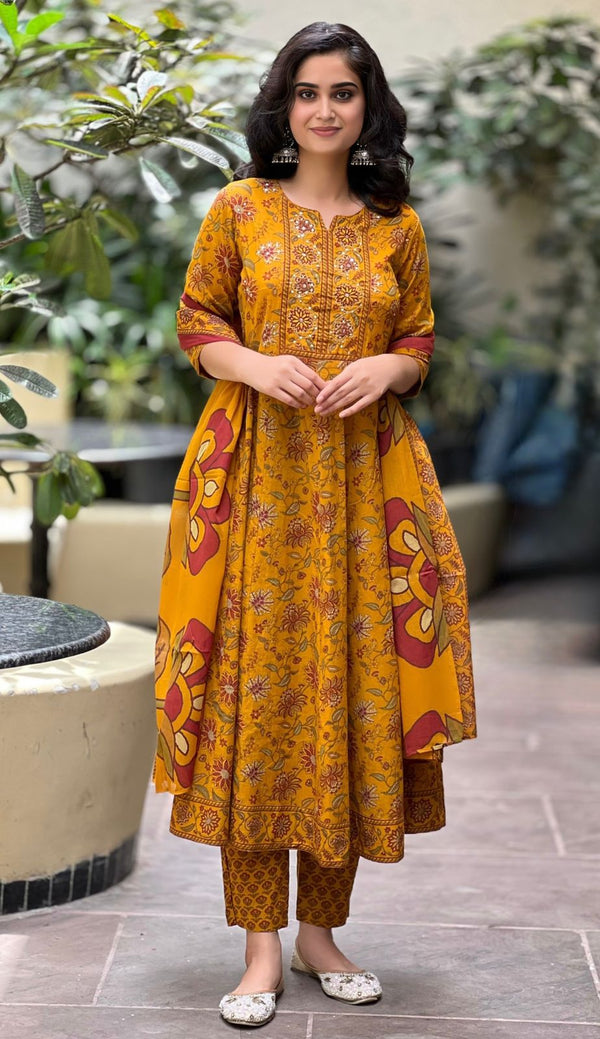 Kesar yellow yoke embroidered cotton suit set with mul cotton dupatta