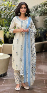 Nupur white embroidered cotton suit set with cotton dupatta