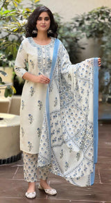 Nupur white embroidered cotton suit set with cotton dupatta