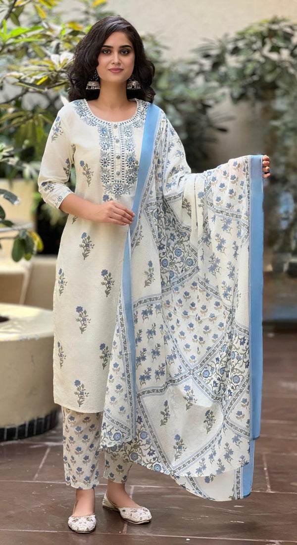 Nupur white embroidered cotton suit set with cotton dupatta