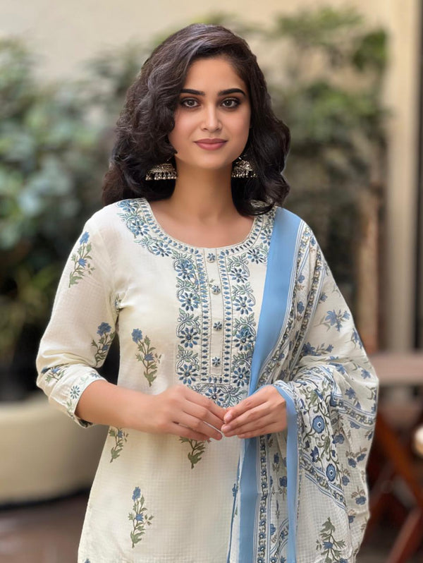 Nupur white embroidered cotton suit set with cotton dupatta