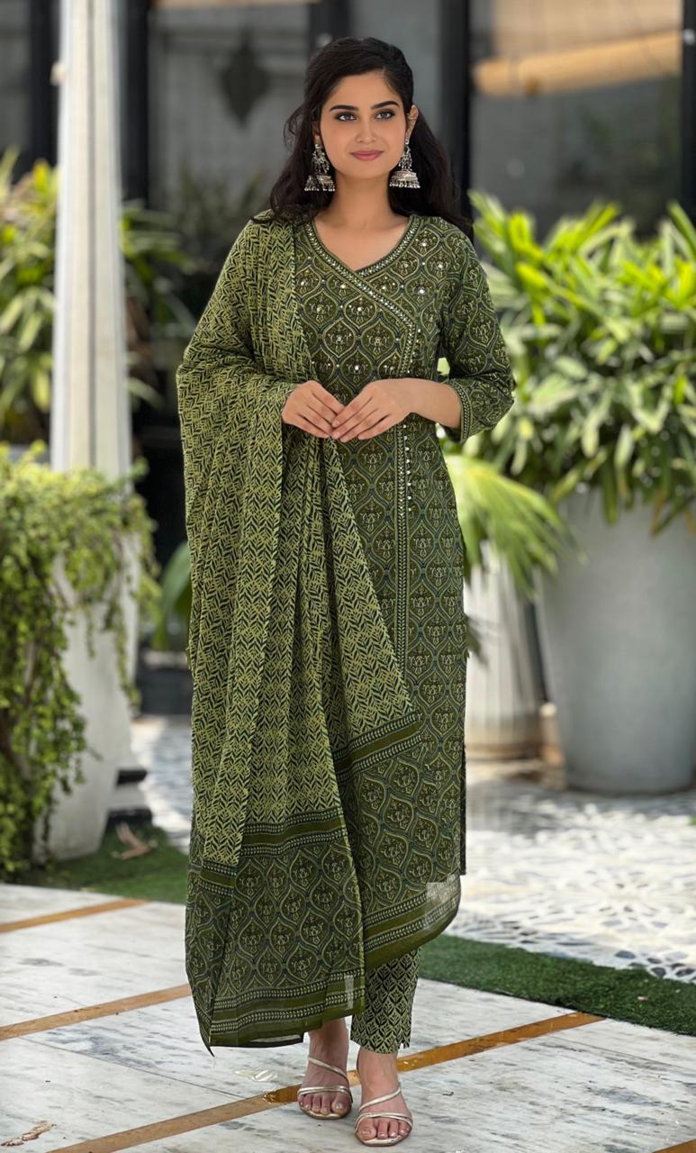 Sahara green embroidered cotton suit set with mul cotton dupatta