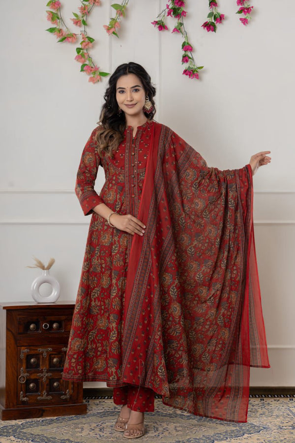 Surana Red Embroidered Cotton Suit Set With Mul Cotton Dupatta