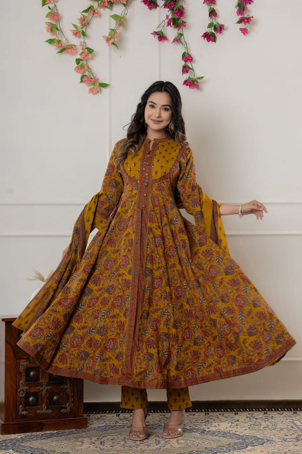 Surana Yellow Embroidered Cotton Suit Set With Mul Cotton Dupatta