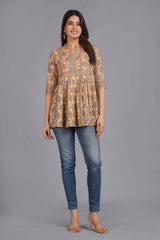 Elegant Peach Floral Print Cotton Kurti
