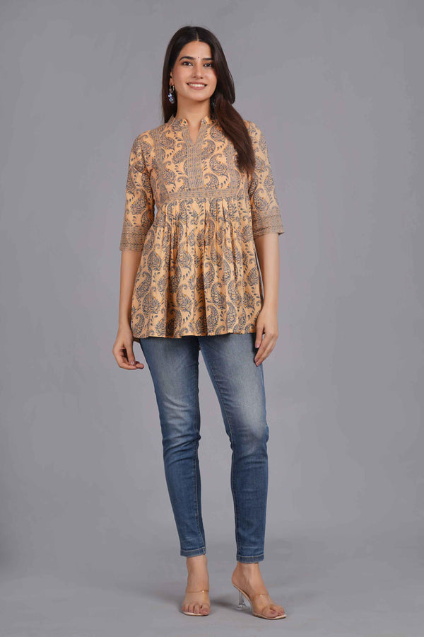 Elegant Peach Floral Print Cotton Kurti