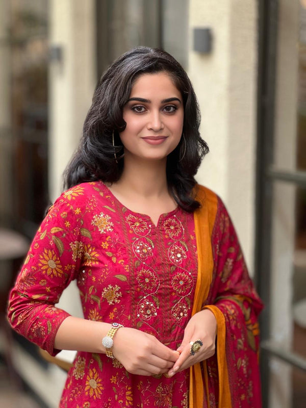 Intricately Embroidered Maroon Suit Set with mul cotton dupatta