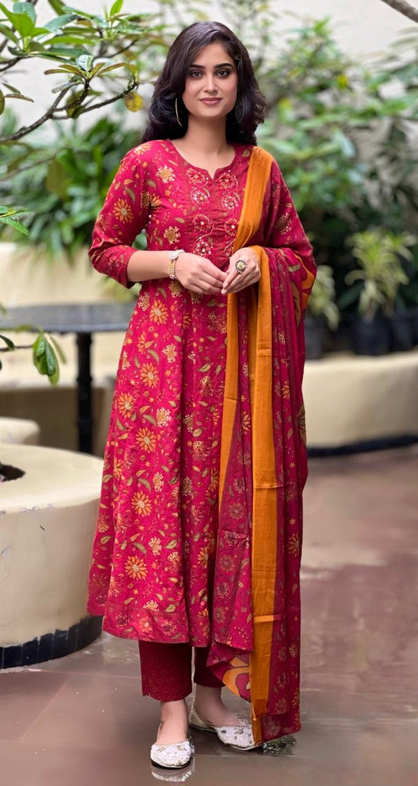 Intricately Embroidered Maroon Suit Set with mul cotton dupatta