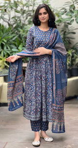 Elegant Indigo Blue Printed Cotton Suit Set with mul cotton dupatta