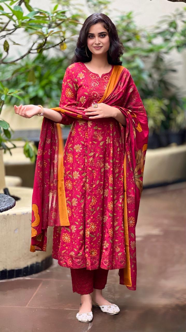 Intricately Embroidered Maroon Suit Set with mul cotton dupatta