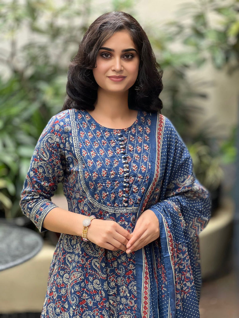 Elegant Indigo Blue Printed Cotton Suit Set with mul cotton dupatta