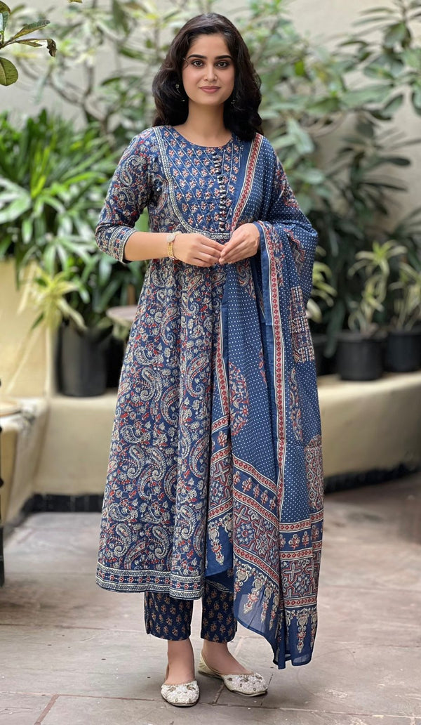 Elegant Indigo Blue Printed Cotton Suit Set with mul cotton dupatta