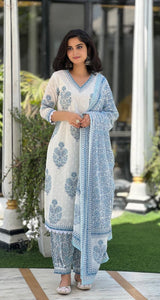Sky blue cotton suit set with mul cotton dupatta