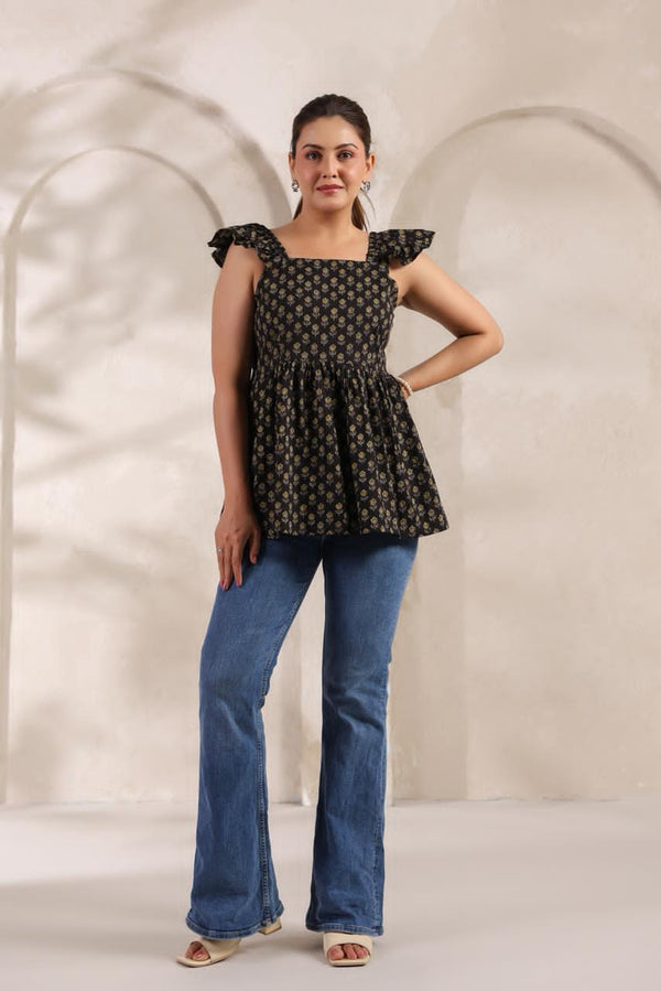 Moni black floral cotton kurta