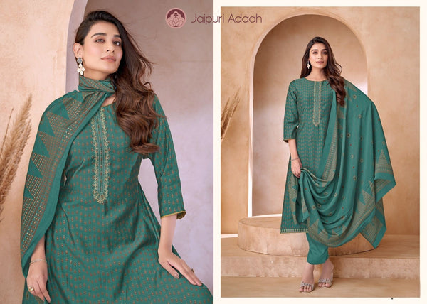 Nooran  dark green cotton suit set with dupatta