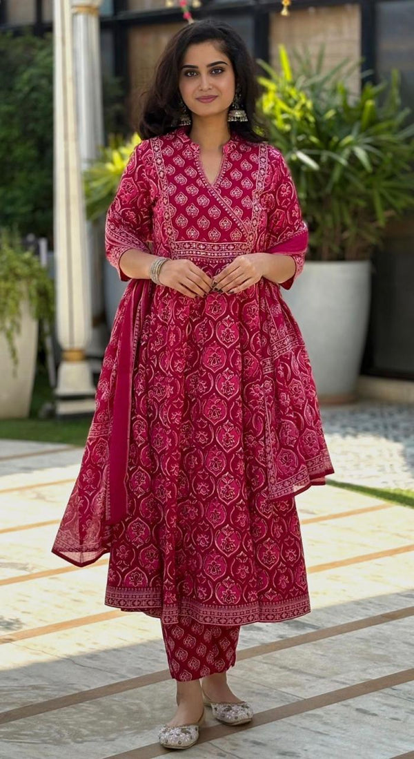 Nora Pink Embroidered Cotton Suit Set With Mul Cotton Dupatta