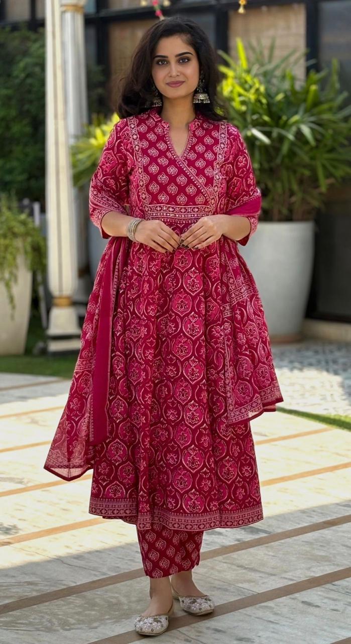 Nora Pink Embroidered Cotton Suit Set With Mul Cotton Dupatta