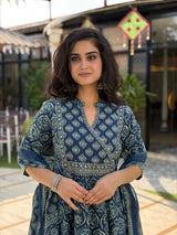 Nora Blue Embroidered Cotton Suit Set With Mul Cotton Dupatta