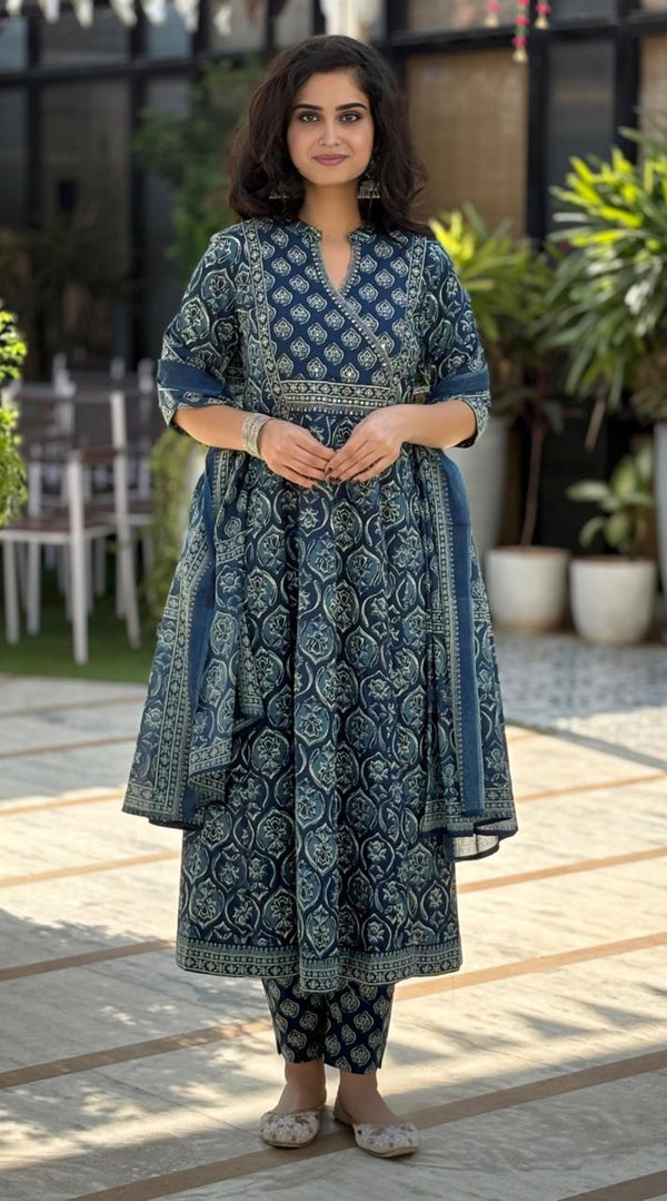 Nora Blue Embroidered Cotton Suit Set With Mul Cotton Dupatta