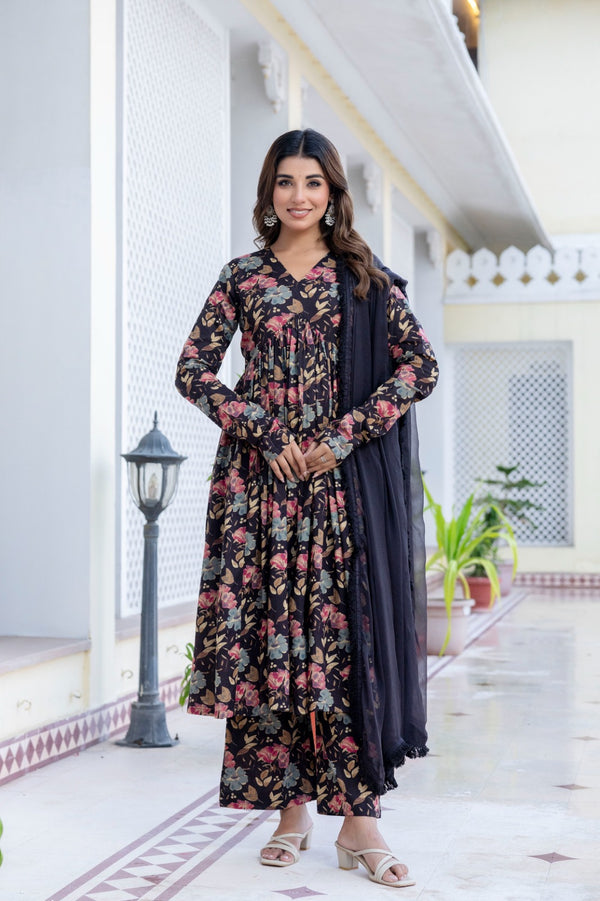 Berry Floral Black Cotton Suit Set With Chiffon Lace Work Dupatta