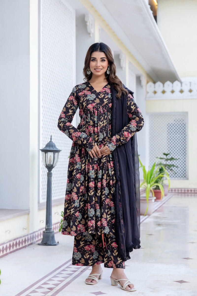 Berry Floral Black Cotton Suit Set With Chiffon Lace Work Dupatta