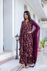 Berry Floral Megenta Cotton Suit Set With Chiffon Lace Work Dupatta