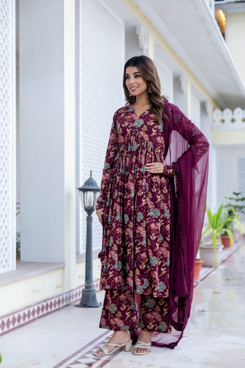 Berry Floral Megenta Cotton Suit Set With Chiffon Lace Work Dupatta