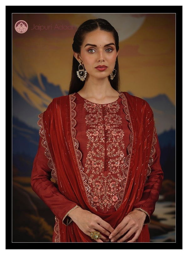 Elegant Maroon Embroidered Suit Set With Dupatta