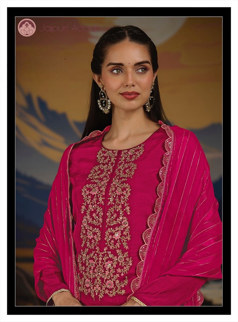 Rubina pink embroidered cotton suit set with dupatta
