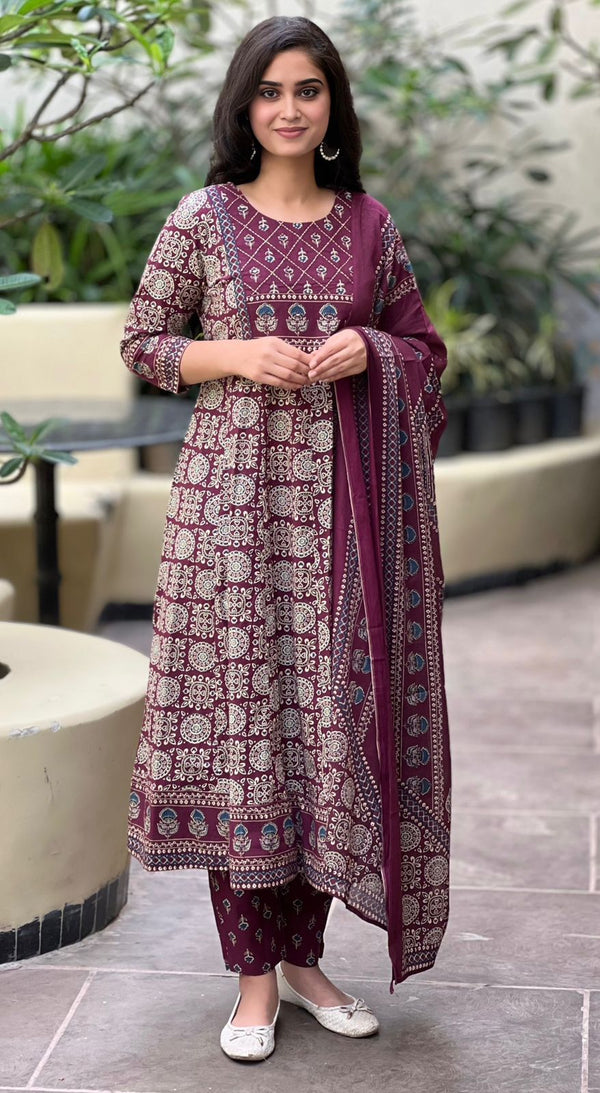 Maroon & Beige Printed Cotton Suit Set with mul cotton dupatta