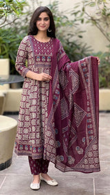 Maroon & Beige Printed Cotton Suit Set with mul cotton dupatta